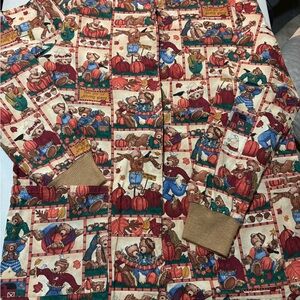 Colorful Patchwork Scrub Jacket with Bear and Pumpkin Design